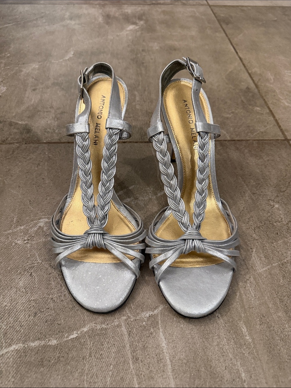 ANTONIO MELANI Silver Braided Heeled Sandals